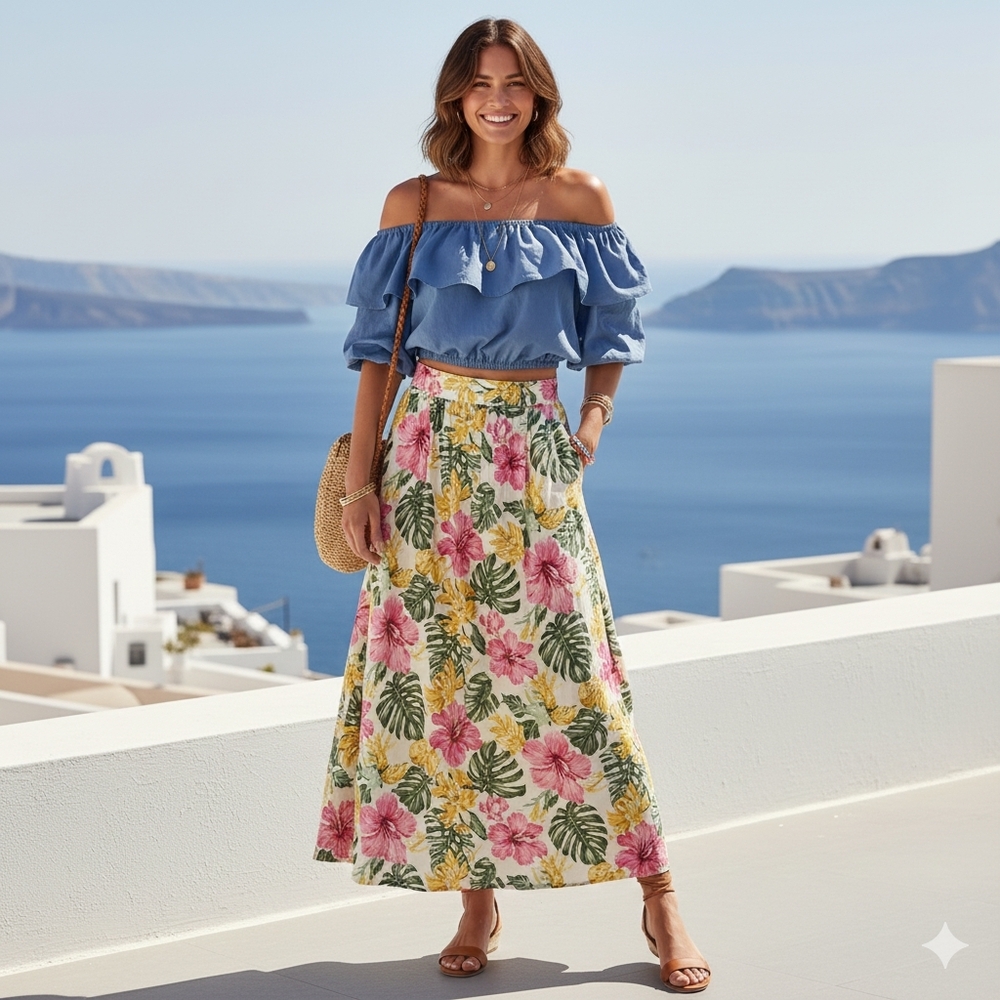 #018 Off-shoulder Denim Ruffle Top